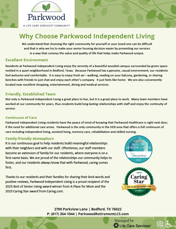 Why choose Parkwood senior living community, downloadable brochure