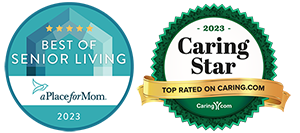 A Place for Mom badge for best of senior living and Caring.com Caring Star badge